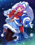  1girl bangs blunt_bangs blush bow eyebrows_visible_through_hair fate/grand_order fate_(series) fur_trim gloves hat helena_blavatsky_(fate/grand_order) highres open_mouth outdoors pantyhose purple_hair red_bow sack short_hair signature snowing solo tree tsuki_tokage violet_eyes 