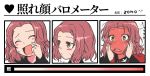  1girl artist_name blush brown_eyes closed_eyes commentary fang flying_sweatdrops frown full-face_blush fume girls_und_panzer hands_on_own_face highres insignia jacket long_sleeves looking_at_viewer looking_away medium_hair open_mouth red_jacket redhead rosehip scratching_cheek skin_fang smile solo st._gloriana&#039;s_military_uniform sweatdrop translated zono_(inokura_syuzo029) 