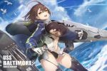  1girl :d ahoge azur_lane baltimore_(azur_lane) bird blue_coat blue_sky braid breasts brown_hair center_opening clouds coat commentary_request cruel_gz dutch_angle french_braid garter_straps gloves happy hooded_coat large_breasts leotard looking_at_viewer midriff_cutout multicolored_coat navel open_clothes open_coat open_mouth short_hair sky smile thigh-highs thighs under_boob underboob_cutout water waves white_gloves yellow_eyes 