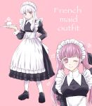  2girls closed_mouth cup english_text fire_emblem fire_emblem:_three_houses highres hilda_valentine_goneril holding holding_plate long_hair long_sleeves lysithea_von_ordelia maid maid_headdress multiple_girls one_eye_closed pink_background pink_eyes pink_hair plate rimooo_n simple_background smile teacup twintails white_hair white_legwear 