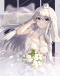  1girl arm_up azur_lane bangs bare_shoulders blush bouquet bridal_veil bride closed_mouth detached_collar dress earrings enterprise_(azur_lane) enterprise_(starlight_oath)_(azur_lane) eyebrows_visible_through_hair flower hand_in_hair holding holding_bouquet jewelry long_hair necklace rose shooting_star silver_hair smile solo straight_hair strapless strapless_dress veil violet_eyes wedding_dress white_dress white_flower white_rose yukidaifuku 