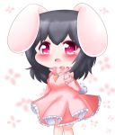  1girl alternate_hair_length alternate_hairstyle animal_ears arm_up black_hair blurry blurry_background blush bunny_tail carrot_necklace chibi commentary dress eyebrows_visible_through_hair feet_out_of_frame high_collar inaba_tewi long_sleeves looking_at_viewer medium_hair open_mouth patterned_background petticoat pink_dress rabbit_ears red_eyes solo standing tail touhou white_background yairenko 