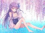  1girl bangs bare_shoulders barefoot blue_bow blue_choker blue_ribbon blue_swimsuit blush bow breasts choker covered_navel fate/grand_order fate_(series) flower hair_bow long_hair long_sleeves looking_at_viewer lp_(siston) meltryllis meltryllis_(swimsuit_lancer)_(fate) outdoors purple_hair ribbon sitting sitting_on_water sleeves_past_fingers sleeves_past_wrists small_breasts solo swimsuit very_long_hair violet_eyes water wisteria 