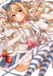  1girl alice_(wonderland) alice_in_wonderland apple ass bangs blonde_hair blue_eyes blush bow center_frills choker closed_mouth collarbone djchanmio dress earrings eyebrows_visible_through_hair food frilled_dress frills fruit garter_straps hair_bow highres jewelry long_hair looking_at_viewer lying on_back petticoat puffy_short_sleeves puffy_sleeves red_choker ribbon_choker short_sleeves sidelocks solo striped striped_legwear thigh-highs wrist_cuffs 