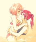  2girls ^_^ bang_dream! bangs bikini blush closed_eyes face-to-face fang frilled_bikini frills from_side hands_on_another&#039;s_shoulders hug long_hair low_twintails multiple_girls pink_bikini pink_hair ponytail re_ghotion redhead side-tie_bikini swimsuit twintails udagawa_tomoe uehara_himari wading wet yuri 