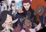  3girls 4boys beard black_hair blue_hair claw_pose dark_skin dark_skinned_male dracaena_(pokemon) dress facial_hair genji_(pokemon) hat hood hoodie ibuki_(pokemon) iris_(pokemon) kibana_(pokemon) long_coat long_hair multiple_boys multiple_girls mustache one_eye_closed pokemon ponytail purple_hair redhead shaga_(pokemon) suspenders tiara v wataru_(pokemon) white_hair 