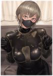  1girl bangs bodysuit breasts brown_eyes eyebrows_visible_through_hair gimp_suit grey_hair highres kilye_4421 latex latex_bodysuit looking_at_viewer mask medium_breasts original short_hair skin_tight solo 