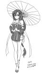  1girl bangs braid chinese_clothes closed_mouth collarbone dated eyebrows_visible_through_hair flower full_body girls_frontline greyscale hair_between_eyes hair_flower hair_ornament hanfu highres holding holding_umbrella long_hair long_sleeves looking_at_viewer monochrome ndtwofives oriental_umbrella ribbon shoes simple_background smile solo standing type_64_(girls_frontline) umbrella very_long_hair white_background wide_sleeves 