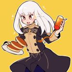  1girl artist_name do_m_kaeru fire_emblem fire_emblem:_three_houses food garreg_mach_monastery_uniform holding long_hair long_sleeves lysithea_von_ordelia open_mouth pancake pink_eyes plate simple_background solo uniform white_hair yellow_background 