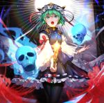  13_(spice!!) 1girl angry asymmetrical_hair backlighting black_legwear flower frilled_skirt frills green_eyes green_hair hair_ornament hat highres long_sleeves open_mouth ribbon rod_of_remorse shiki_eiki skirt skull solo spider_lily touhou vest wide_sleeves 