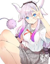  1girl bangs blue_eyes breasts eyebrows_visible_through_hair hairband horns ice_(ice_aptx) kanna_kamui kobayashi-san_chi_no_maidragon light_smile long_hair looking_at_viewer older pleated_skirt purple_hair school_uniform serafuku simple_background skirt solo tail very_long_hair white_background 