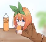  1girl bangs blue_eyes blush bottle brown_hoodie brown_pants commentary_request cup drinking drinking_glass eyebrows_behind_hair flying_sweatdrops go-toubun_no_hanayome green_ribbon hair_between_eyes hair_ribbon highres holding holding_cup hood hood_down hoodie juice kujou_karasuma long_sleeves nakano_yotsuba orange_hair orange_juice panties pants ribbon signature sleeves_past_wrists solo trembling underwear white_panties 