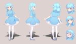  1girl 779420 :o absurdres bangs blue_dress blue_footwear blue_hair blush character_sheet chinese_clothes dress expressions eyebrows_visible_through_hair finger_to_mouth frilled_dress frills from_behind from_side full_body highres leaning_to_the_side looking_at_viewer medium_hair multiple_views nose_blush open_mouth original pantyhose petticoat pink_background pom_pom_(clothes) shoes short_dress short_sleeves simple_background standing turnaround two_side_up wavy_mouth yellow_eyes 