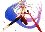  1girl absurdly_long_hair absurdres antenna_hair bare_shoulders black_pants blazblue blazblue_remix_heart blazblue_variable_heart blue_hair bow breasts full_body gloves hair_between_eyes hair_bow halter_top halterneck highres holding holding_spear holding_weapon large_breasts long_hair looking_at_viewer lowleg lowleg_pants mai_natsume navel no_bra no_panties pants polearm ponytail red_eyes revealing_clothes ribbon roas01b sideboob sidelocks smile solo spear very_long_hair weapon yellow_bow 