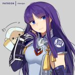  1girl adjusting_hair altina arm_guards arm_up artist_name bangs blue_eyes breasts chibi chibi_inset chocojax coat elbow_gloves fingerless_gloves fire_emblem fire_emblem:_radiant_dawn fire_emblem_heroes gauntlets gloves grey_background hand_in_hair hand_up highres kiran_(fire_emblem) long_hair looking_to_the_side patreon_logo portrait shoulder_armor simple_background solo_focus upper_body violet_eyes 