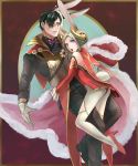  1boy 1girl animal_ears belt black_hair black_pants blonde_hair bunny_tail closed_mouth edelgard_von_hresvelg fake_animal_ears fake_tail fire_emblem fire_emblem:_three_houses fur_trim gloves hair_over_one_eye high_heels horns hubert_von_vestra hug long_sleeves looking_back open_mouth pants rabbit_ears short_hair suikomu_now tail twitter_username violet_eyes white_gloves white_legwear 