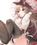  1girl animal_ear_fluff animal_ears black_legwear black_skirt blurry blurry_foreground blush breasts brown_hair cat_ears cat_girl cat_tail closed_mouth commentary depth_of_field frilled_skirt frills hair_ornament hairclip highres holding holding_lipstick_tube leo_(mafuyu) lipstick long_hair long_sleeves looking_at_viewer mafuyu_(chibi21) makeup medium_breasts multicolored_hair no_shoes one_side_up original panties purple_hair ribbed_sweater ribbon side-tie_panties skirt sleeves_past_wrists soles solo streaked_hair sweater symbol_commentary tail tail_raised tail_ribbon thigh-highs twitter_username underwear very_long_hair violet_eyes white_panties white_ribbon white_sweater 
