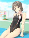  1girl absurdres black_eyes black_swimsuit blue_sky blurry breasts clouds collarbone commentary_request competition_swimsuit depth_of_field fence grey_hair highleg highleg_swimsuit highres looking_at_viewer one-piece_swimsuit original outdoors parted_lips rack short_hair sitting sky small_breasts smile solo swimsuit takafumi wavy_hair 