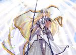 1girl armor armored_dress bangs bare_shoulders blonde_hair blue_eyes breasts commentary_request dress eyebrows_visible_through_hair fate/apocrypha fate/grand_order fate_(series) feet_out_of_frame fur_trim gauntlets headpiece highres holding jeanne_d&#039;arc_(fate) jeanne_d&#039;arc_(fate)_(all) large_breasts long_hair looking_at_viewer open_mouth shimasay smile solo sword thigh-highs weapon 
