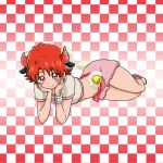  1girl animal_ears bell checkered checkered_background closed_mouth crop_top full_body grey_shirt head_rest horns looking_at_viewer lying midriff natsuki_rin navel niita on_side pink_shorts precure red_eyes redhead shiny shiny_hair shirt short_hair short_shorts short_sleeves shorts smile solo stomach yes!_precure_5 