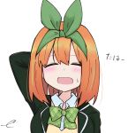  1girl :d ^_^ bangs black_jacket blazer blush bow bowtie breasts closed_eyes collared_shirt eyebrows_behind_hair facing_viewer go-toubun_no_hanayome green_neckwear green_ribbon hair_between_eyes hair_ribbon jacket kujou_karasuma medium_breasts nakano_yotsuba open_blazer open_clothes open_jacket open_mouth orange_hair ribbon shirt simple_background smile solo sweater_vest translated upper_body white_background white_shirt 