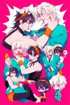  2boys alternate_color bangs belt black_hair blood blood_drip bloody_clothes bob_cut chibi choker earrings eibm fighting food hair_grab hair_ornament hair_pull hairband head_grab headband hole holes hug ice_cream injury jewelry jojo_no_kimyou_na_bouken leg_hug leg_lock male_focus midriff multiple_boys narancia_ghirga necktie open_mouth pannacotta_fugo short_hair smile vento_aureo violet_eyes white_hair 