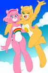  2girls absurdres bear blonde_hair blue_eyes care_bears cheer_bear commentary dated english_commentary eyelashes funshine_bear furry green_eyes hairband highres looking_at_viewer multiple_girls one_eye_closed open_mouth pink_hair signature sky smile tail thigh_gap warren_blakely 