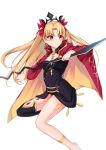  1girl absurdres asymmetrical_legwear bangs between_breasts black_legwear blonde_hair blush bow breasts cape collarbone commentary_request earrings ereshkigal_(fate/grand_order) eyebrows_visible_through_hair fate/grand_order fate_(series) frown hair_ribbon highres holding jewelry long_hair medium_breasts necklace parted_bangs red_cape red_eyes red_ribbon ribbon simple_background skull solo tiara tming two_side_up white_background yellow_cape 
