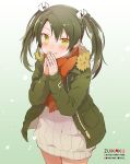  1girl alternate_costume anbutter_siruko blush character_name copyright_request cowboy_shot dark_green_hair eyebrows_visible_through_hair from_above fur-trimmed_jacket fur_trim green_eyes green_jacket hair_between_eyes hair_ribbon jacket jewelry kantai_collection long_hair looking_at_viewer orange_sweater ribbed_sweater ribbon ring simple_background smile solo sweater twintails wedding_band white_background white_ribbon white_sweater zuikaku_(kantai_collection) 