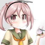  1girl 1other beige_serafuku bell cosplay de_ruyter_(kantai_collection) de_ruyter_(kantai_collection)_(cosplay) green_sailor_collar grey_background hair_bobbles hair_ornament kantai_collection looking_at_viewer neckerchief orange_neckwear ouno_(nounai_disintegration) pink_eyes pink_hair rabbit sailor_collar sazanami_(kantai_collection) school_uniform serafuku short_hair twintails two-tone_background upper_body white_background 