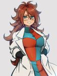  1girl android_21 blue_eyes breasts checkered checkered_dress dragon_ball dragon_ball_fighterz dress earrings glasses grey_background hands_in_pockets hoop_earrings jewelry kemachiku labcoat large_breasts long_hair looking_at_viewer redhead simple_background smile solo 