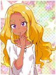  1girl amamiya_erena blonde_hair blouse choker collarbone commentary_request dark_skin eyes_visible_through_hair finger_to_mouth hair_down highres long_hair looking_at_viewer mole mole_under_eye polka_dot polka_dot_background precure purple_choker shiny shiny_hair shiny_skin shirotae_(robamimi) shushing smile solo star star_twinkle_precure starry_background upper_body violet_eyes wavy_hair 