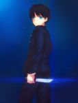  1boy black_hair blue_background blue_eyes commentary_request gakuran highres holding holding_knife holding_weapon iro_(sekaixiro) japanese_clothes knife long_sleeves male_focus school_uniform short_hair toono_shiki tsukihime tukihimegoto weapon 