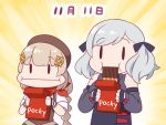  ._. 2girls beret brown_hair dated eating english_text fnc_(girls_frontline) food girls_frontline glutton grey_hair haradasan hat highres multiple_girls pocky pocky_day spas-12_(girls_frontline) translated 