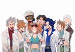  2girls 6+boys araragi_(pokemon) beard black_hair blue_hair brown_eyes brown_hair dark_skin dark_skinned_male facial_hair glasses green_eyes grey_hair hair_bun hair_ornament hat heart heart_hair_ornament highres kukui_(pokemon) looking_at_another midriff multiple_boys multiple_girls nanakamado_(pokemon) navel odamaki_(pokemon) ookido_yukinari open_collar open_mouth ox79xo platane_(pokemon) pokemon pokemon_(game) pokemon_bw pokemon_dppt pokemon_gsc pokemon_rgby pokemon_rse pokemon_sm pokemon_swsh pokemon_xy side_ponytail simple_background smile sonia_(pokemon) sunglasses upper_body utsugi_(pokemon) white_headwear wristband 