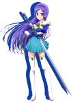  1girl absurdres aono_miki bangs blue_eyes blue_hairband blue_shirt blue_skirt boots closed_mouth cosplay floating_hair fresh_precure! full_body hairband hand_on_hip highres holding holding_sword holding_weapon long_hair long_sleeves looking_at_viewer magic_knight_rayearth miniskirt niita parted_bangs pleated_skirt precure purple_hair ryuuzaki_umi ryuuzaki_umi_(cosplay) shiny shiny_hair shirt shoulder_armor simple_background skirt smile solo standing sword thigh-highs thigh_boots very_long_hair weapon white_background white_footwear white_thigh_boots zettai_ryouiki 