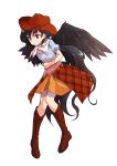  1girl alphes_(style) black_hair black_wings boots brown_footwear brown_headwear closed_mouth commentary_request cowboy_hat dairi eyebrows_visible_through_hair feathered_wings full_body hand_on_own_stomach hat highres horse_tail kurokoma_saki long_hair looking_at_viewer neckerchief orange_skirt parody ponytail puffy_short_sleeves puffy_sleeves red_eyes shiny shiny_hair short_sleeves skirt smile solo style_parody tachi-e tail touhou transparent_background very_long_hair white_neckwear wings 