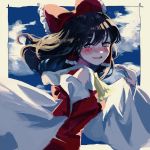  1girl ascot black_hair blue_eyes blush bow breasts clouds cloudy_sky cowboy_shot detached_sleeves eyebrows_visible_through_hair hair_bow hair_tubes hakurei_reimu looking_at_viewer medium_breasts medium_hair nontraditional_miko open_mouth sky smile solo touhou washman711 wide_sleeves wind 