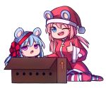  2girls :o ;d alternate_costume animal_ears bear_ears blue_eyes blue_hair box cardboard_box chibi coat commentary directional_arrow english_commentary eyebrows_visible_through_hair eyes_visible_through_hair hat in_box in_container leg_warmers long_hair long_sleeves looking_at_viewer low_twintails multiple_girls nieve_(rabi_ribi) nixie_(rabi_ribi) one_eye_closed open_mouth pink_eyes pink_hair pom_pom_(clothes) rabi-ribi red_coat red_ribbon ribbon santa_costume santa_hat siblings simple_background sisters smile speckticuls striped striped_legwear thigh-highs thumbs_up twintails v-shaped_eyebrows white_background wide_sleeves 