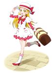  1girl :d absurdres bag blonde_hair boots bow cosplay_request dress frilled_boots frills hat hat_bow high_heel_boots high_heels highres holding holding_bag kasugano_urara_(yes!_precure_5) leg_up long_hair looking_at_viewer miniskirt niita open_mouth precure red_bow red_skirt running shiny shiny_hair short_sleeves simple_background skirt smile solo straight_hair twitter_username very_long_hair white_background white_dress white_headwear yellow_eyes yes!_precure_5 yes!_precure_5_gogo! 