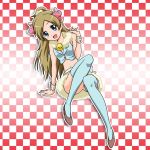  1girl animal_ears arm_support bangs blue_eyes blue_legwear brown_footwear brown_hair checkered checkered_background crop_top full_body horns leaning_to_the_side long_hair looking_at_viewer midriff minamino_kanade miniskirt navel niita parted_bangs precure pumps shiny shiny_hair sitting skirt sleeveless solo stomach suite_precure thigh-highs very_long_hair wrist_cuffs zettai_ryouiki 