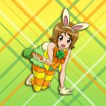  1girl :d all_fours animal_ears brown_eyes brown_hair bunny_tail fake_animal_ears fake_tail full_body gloves gradient gradient_background green_background green_skirt hairband happinesscharge_precure! looking_at_viewer miniskirt niita oomori_yuuko open_mouth orange_neckwear pantyhose precure rabbit_ears shiny shiny_hair short_hair skirt sleeveless smile solo striped striped_legwear tail white_gloves white_hairband yellow_background 
