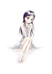  1girl adapted_costume bangs barefoot between_legs black_hair closed_mouth cure_white dress full_body futari_wa_precure hair_ornament hairclip hand_between_legs long_hair looking_at_viewer niita parted_bangs precure shiny shiny_hair short_dress simple_background sitting sketch sleeveless sleeveless_dress smile soaking_feet solo straight_hair very_long_hair violet_eyes white_background white_dress 