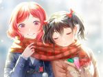  2girls black_hair blue_coat blush bow brown_coat closed_eyes closed_mouth coat hair_bow long_sleeves looking_at_another love_live! love_live!_school_idol_project megumi_cv multiple_girls nishikino_maki plaid plaid_scarf red_bow red_scarf redhead scarf shared_scarf short_hair smile twintails violet_eyes yazawa_nico 