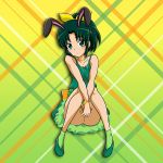  1girl animal_ears back_bow bangs bow bracelet collarbone dress full_body gradient gradient_background green_background green_dress green_eyes green_footwear green_hair green_legwear hair_bow hair_intakes high_ponytail jewelry looking_at_viewer midorikawa_nao necklace niita orange_bow precure pumps rabbit_ears shiny shiny_hair short_dress short_hair sitting sleeveless sleeveless_dress smile_precure! socks solo yellow_background yellow_bow 