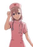  1girl adjusting_hair arms_up brown_hair grey_eyes hat highres looking_at_viewer medium_hair misaka_imouto nurse nurse_cap open_mouth short_sleeves simple_background solo stethoscope to_aru_majutsu_no_index upper_body white_background zai_(pixiv) 