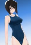  1girl bare_shoulders black_hair blue_background blue_swimsuit blush breasts brown_eyes clenched_hand closed_mouth collarbone covered_navel eyebrows_visible_through_hair frown girls_und_panzer glasses gradient gradient_background groin highres higofushi kawashima_momo large_breasts looking_at_viewer monocle school_swimsuit shiny shiny_hair shiny_skin short_hair simple_background solo standing swimsuit swimwear upper_body 