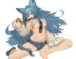  1girl absurdres animal_ears bare_shoulders bell between_breasts bikini_top black_neckwear blue_eyes blue_hair breasts cat_ears cat_girl cat_tail denim denim_shorts doughnut food gloves grey_bikini_top groin highres holding holding_food jingle_bell large_breasts long_hair looking_at_viewer micro_shorts mouth_hold navel necktie original paw_gloves paws romana shorts simple_background sitting socks solo stomach tail thighs under_boob very_long_hair white_background 