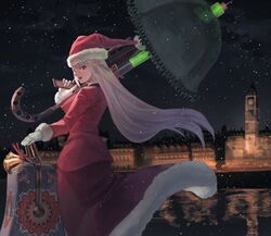  1girl bag bell clock clock_tower fate/grand_order fate_(series) florence_nightingale_(fate/grand_order) florence_nightingale_santa_(fate/grand_order) from_behind gloves hat highres london long_hair makitoshi0316 night night_sky over_shoulder pink_hair red_eyes santa_hat sky snow tower umbrella_gun weapon weapon_over_shoulder white_gloves 