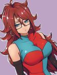  1girl android_21 blue_eyes breasts checkered checkered_dress closed_mouth dragon_ball dragon_ball_fighterz dress earrings glasses hoop_earrings jewelry kemachiku large_breasts long_hair looking_at_viewer purple_background redhead simple_background solo 